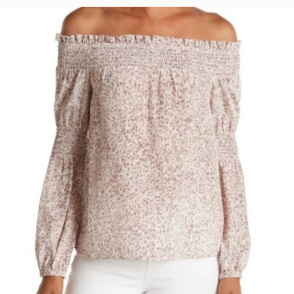 L'AGENCE Mona Smocked Silk Off The Shoulder Silk crepe Leopard Print Blo…